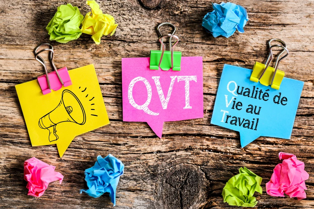 Illustration colorée des notions de QVT et Qualité de Vie au Travail, symbolisant l’évolution vers une QVCT plus globale et inclusive.
