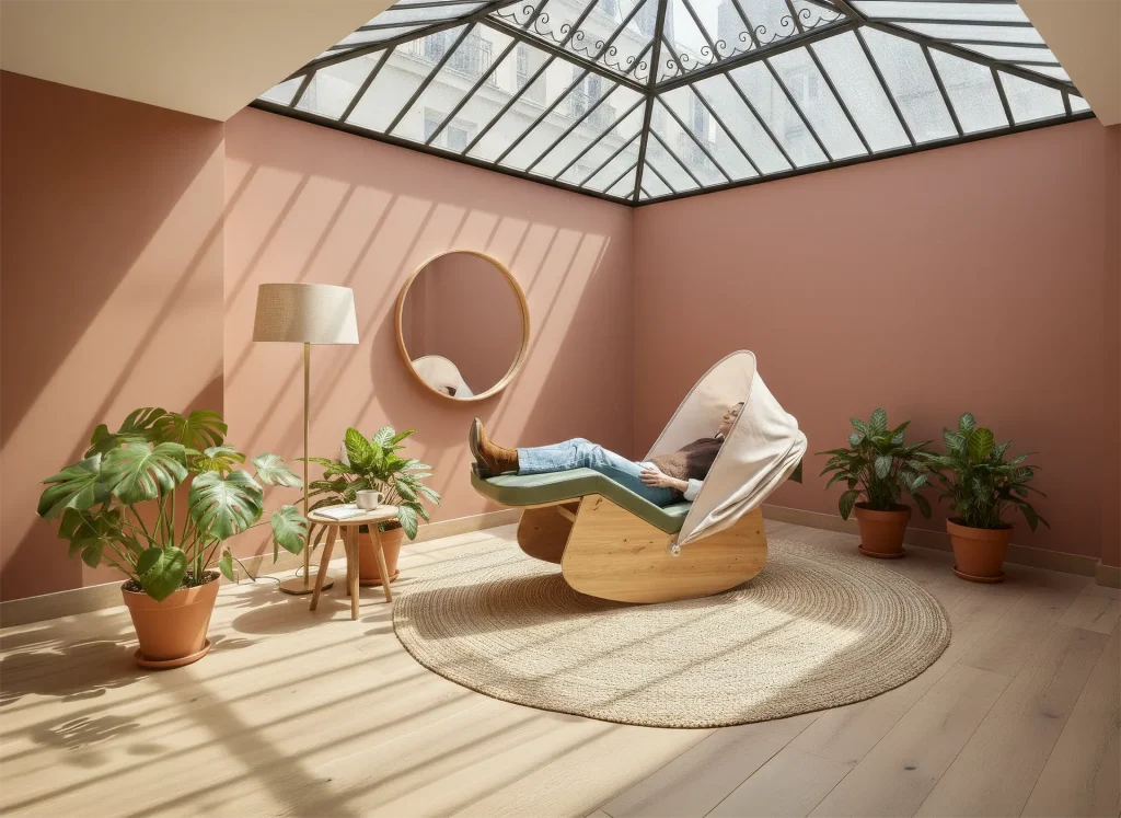 Une femme qui se détend dans un cocon de sieste dans une pièce lumineuse avec des plantes