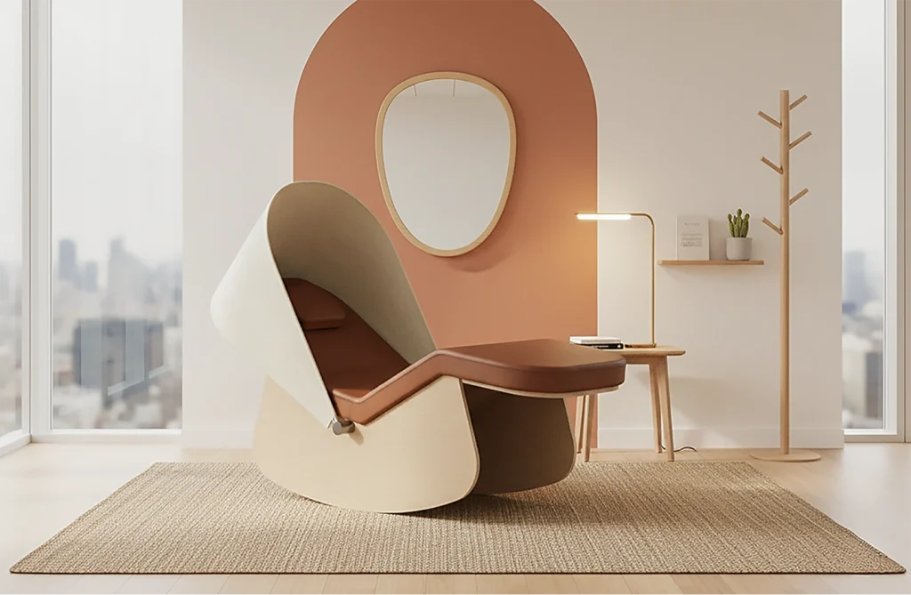 Cocon de sieste sur un tapis, dans un espace détente. Mur orange avec miroir rond et lampe trépied