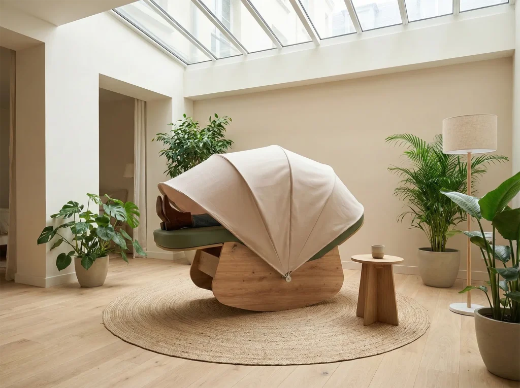 Femme dans un cocon de sieste fermé par un canopée, dans une pièce chaleureuse