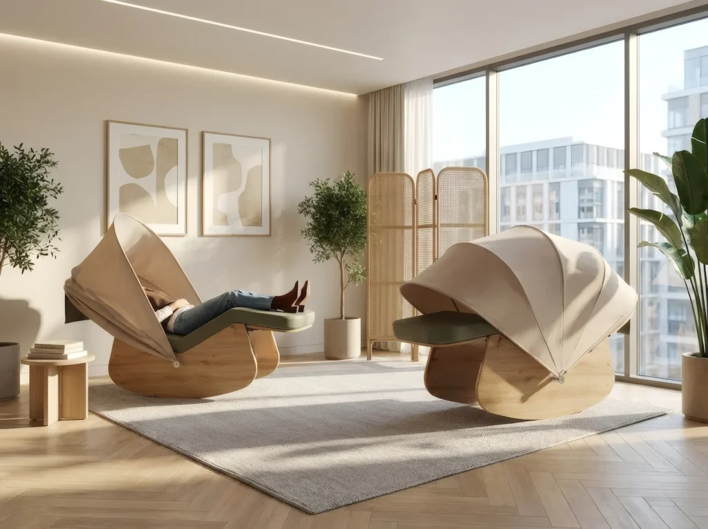 Deux cocons de sieste vert sauge dans une salle de pause reposante