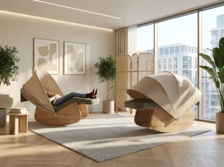 Deux cocons de sieste vert sauge dans une salle de pause reposante