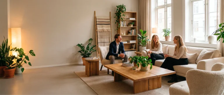 Collaborateurs échangeant dans un salon chaleureux avec fauteuils et canapés beiges