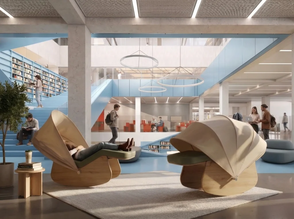 Deux fauteuils de relaxation avec capote d'intimité pour une isolation visuelle posés au premier plan dans une grande bibliothèque universitaire.