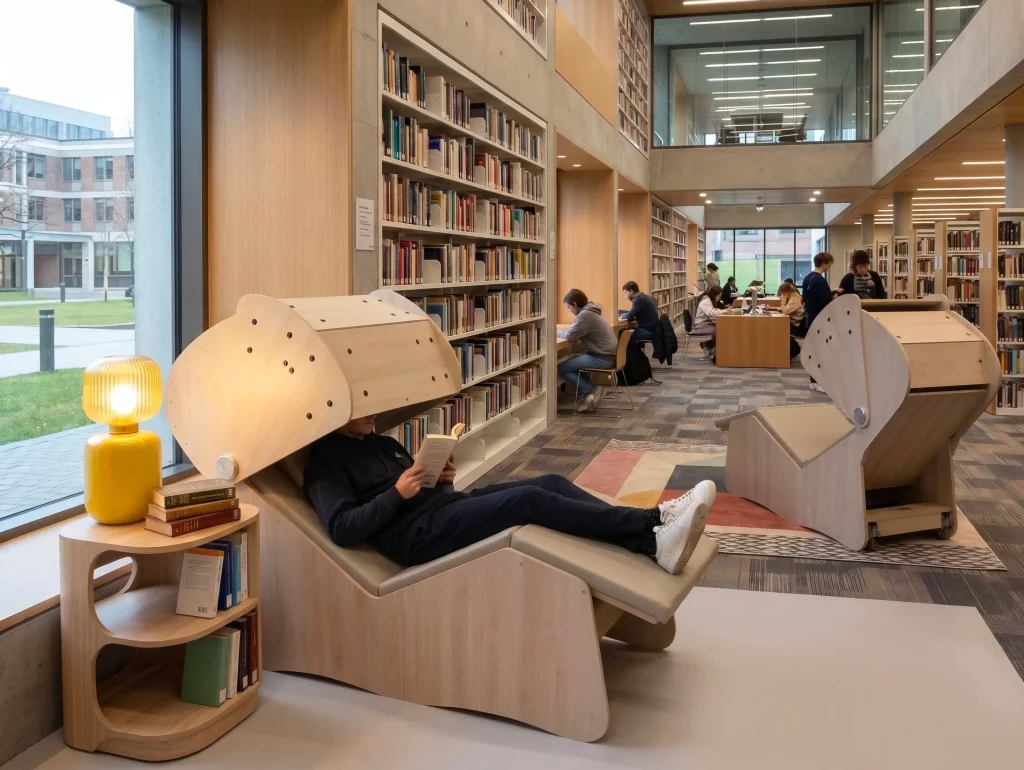 Deux cocons de micro-sieste Nap&Up dans une salle de repos d'une bibliothèque universitaire