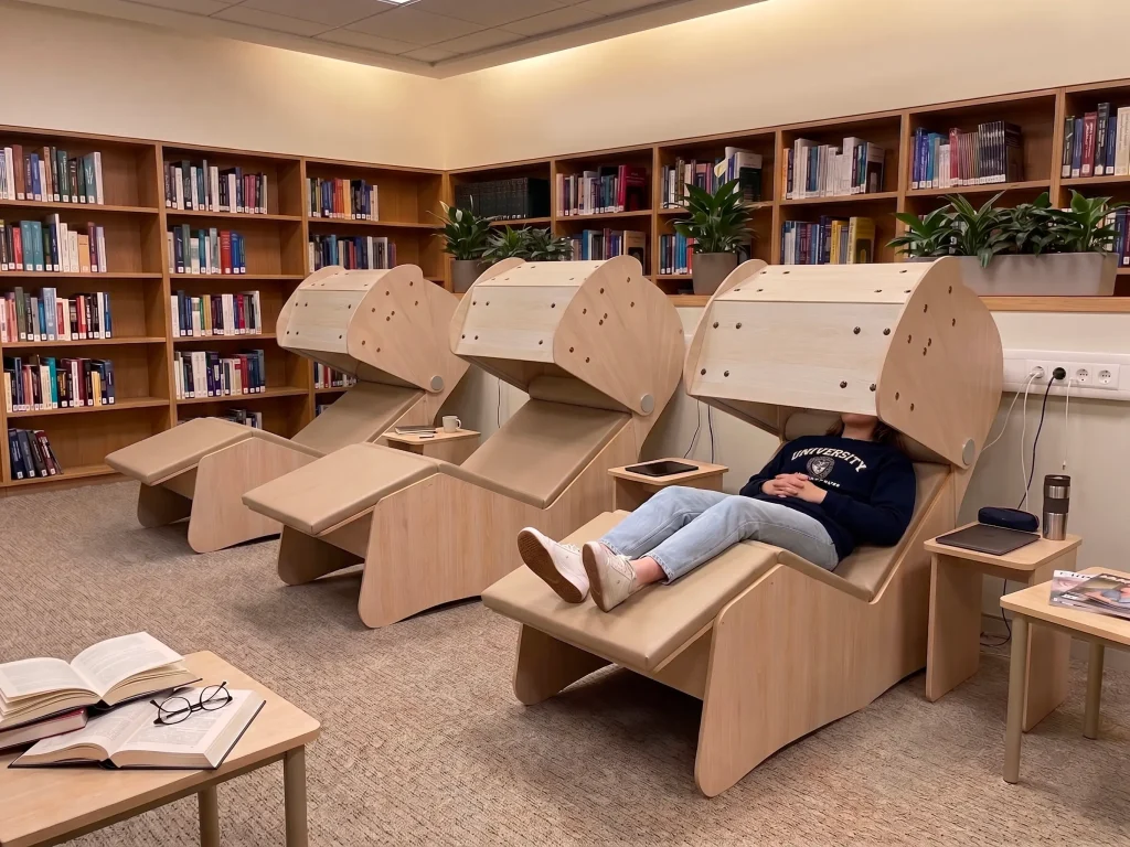 Trois cocons de micro-sieste Nap&Up dans une salle de repos d'une université